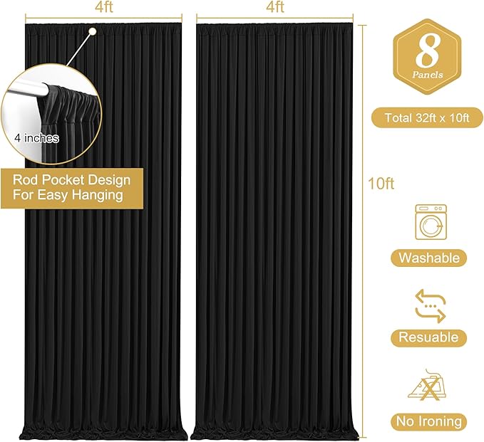 Wish Care Black Backdrop Curtain 8 Panels - Wrinkle-Free Polyester Photography Drapes for Wedding & Birthday Party - 32 X10FT
