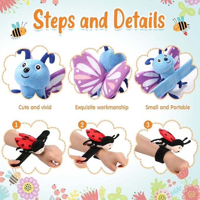Gemscream 6 Pcs Stuffed Animal Slap Bracelets for Kids, 8 Inch Back to School Small Classroom Prizes Toy, Wrist Snap Bracelets Birthday Gifts for Boys Girls Pet Adoption Party Favors(Insect Animals)
