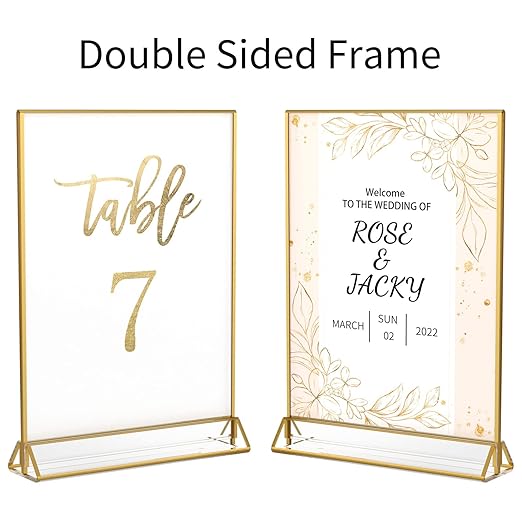NIUBEE 12Pack 4 x 6 Clear Acrylic Wedding Table Number Holder Stands with Gold Borders, Double Sided Gold Picture Frames Sign Holder for Restaurant Table Menu Recipe Cards Photo Display
