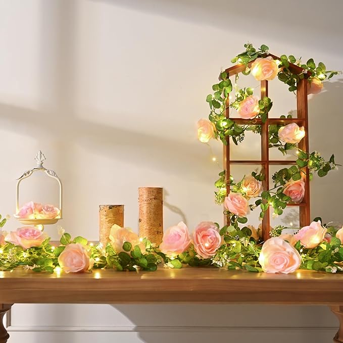 Dolicer 2Pcs Artificial Eucalyptus Garlands with Flowers - 8 Roses, Faux Floral Greenery Garlands Fake Flower Vines for Wedding Table Centerpieces Arch Party Decor (Pink)