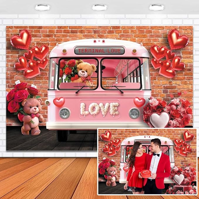 10x8ft Vinyl Vintage Valentines Backdrop Pink Bus Bear Brick Wall Photography Background Love Heart Balloon Party Decorations for Wedding Bridal Valentine's Day