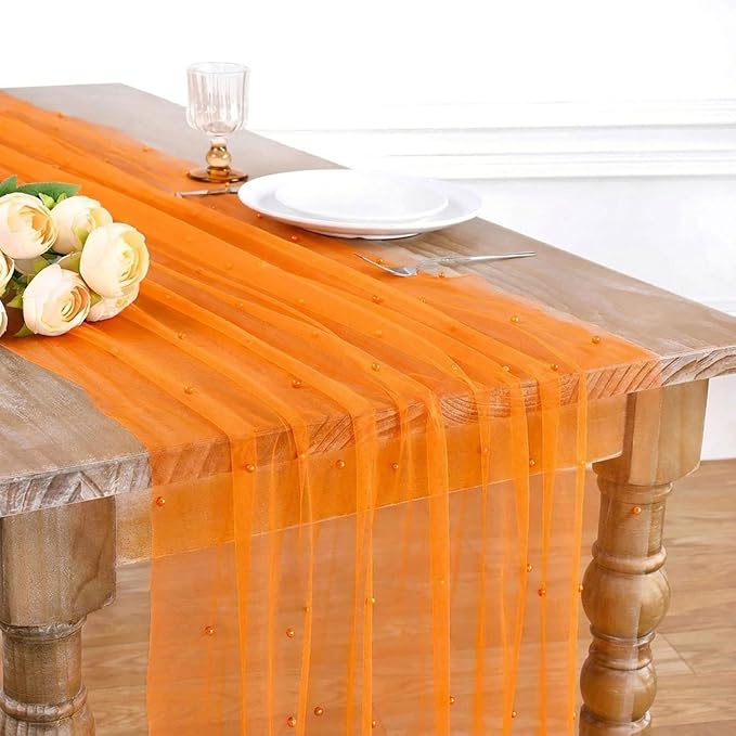 Gauze Pearl Table Runner Tulle Fabric: 10ft Seasonal Dessert Chiffon Pearl Lace Boho Overlay Wedding Veil Outdoor Wedding Aisle Runner Halloween Fall Party Decorations Doilies,Orange