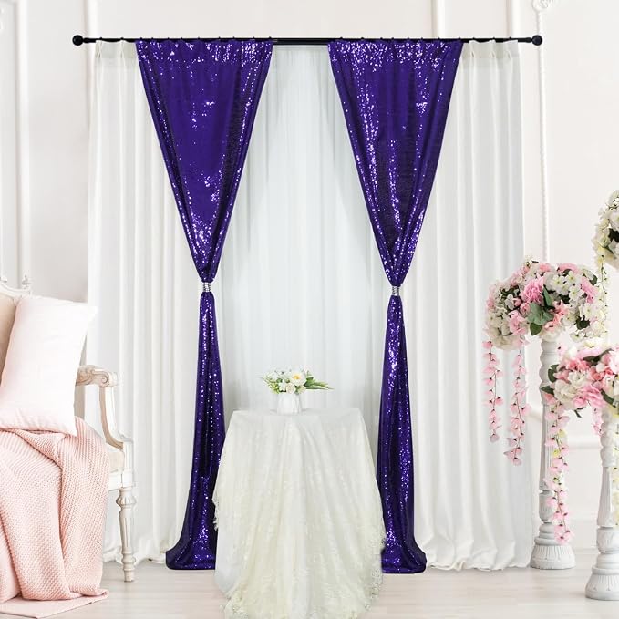 SquarePie 2 PCS 2x8ft Purple Sequin Backdrop Curtains, Satin-Backed Shimmering Photo Booth Background, 2 Panels Narrow Real Sequin Drapes with 4" Rod Pocket for Party, Baby Shower, Doorway Decor
