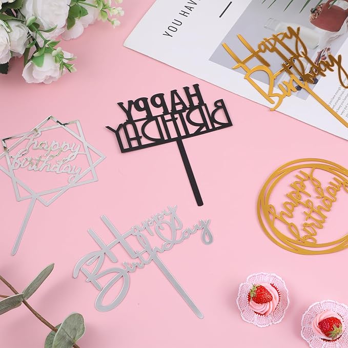 150pcs Gold Happy Birthday Cake Toppers Bulk Mirror Acrylic Cupcake Topper Double-Sided Dessert Decorations for Girls Women's Happy Birthday Sign for Cake Side Cupcake Decorations Party Supplies