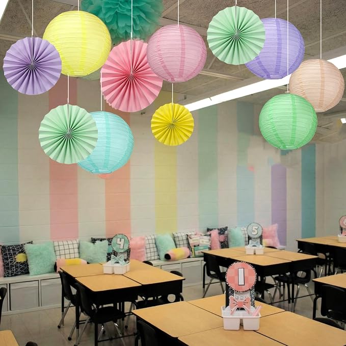 Flutesan Pastel 12 Pcs Classroom Decor Hanging Paper Lanterns and Paper Fans Back to School Party Classroom Ceilings Decor Supplies for Bulletin Board Office Wall Birthday Party Decoration