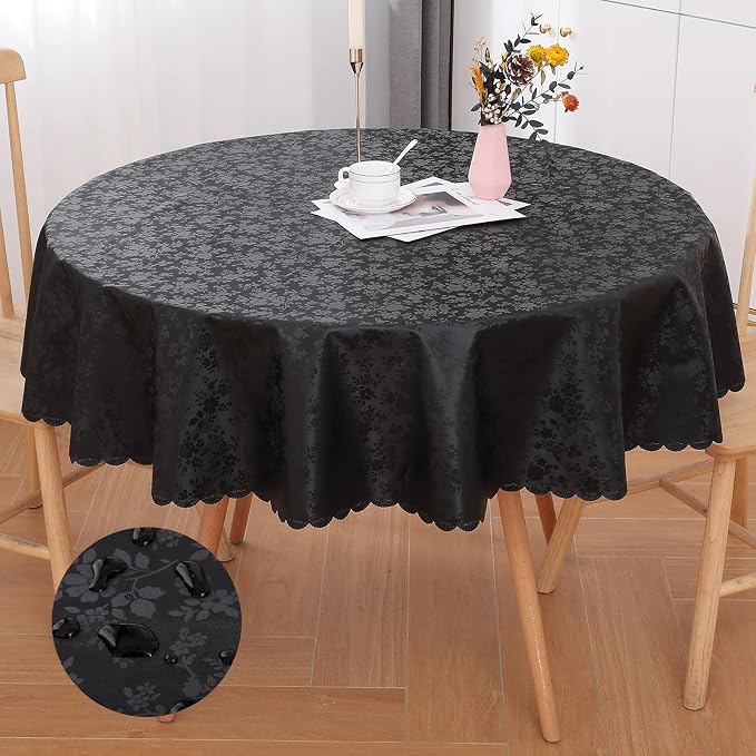 Smiry Round Table Cloth, Waterproof Heavy Duty Vinyl Tablecloths, Wipeable Washable Table Cover for Kitchen and Dining Room (Black, 60" x 60")