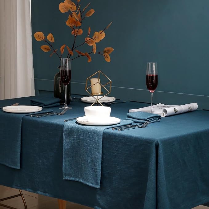 Blue Table Cloth for Rectangle Tables 60 x 120 Inch, Washable Waterproof Textured Linen Tablecloth, Classic Decorative Table Cover for Wedding, Farmhouse, Buffet, Party, Outdoor - Blue