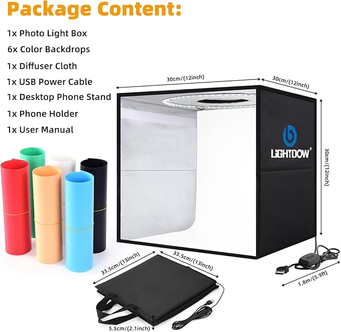 Lightdow 12"x12"x12" Photo Studio Light Box Photography with Desktop Tripod & 120 LEDs (CRI>95), 6 Backdrops - Portable/Dimmable Folding Shooting Tents for Toys/Jewelry/Watches/Cosmetics