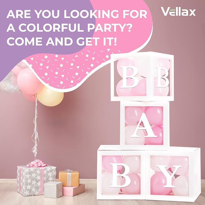 44-Piece Baby Shower Decorations for Boy or Girl - 4 Boxes with Letters and 32 Balloons - Classic White and Pink - Gender Reveal Party Supplies - Photo Shoot Backdrop Prop