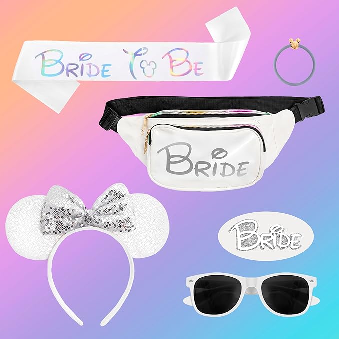 Mouse Ears Set - Bride Accessories - Bachelorette Party Favors - Bride Bachelorette Outfit Accessories to Match Bachelorette Outfit for Bride - Magic Kingdom (Iridescent/White Bride, 1)