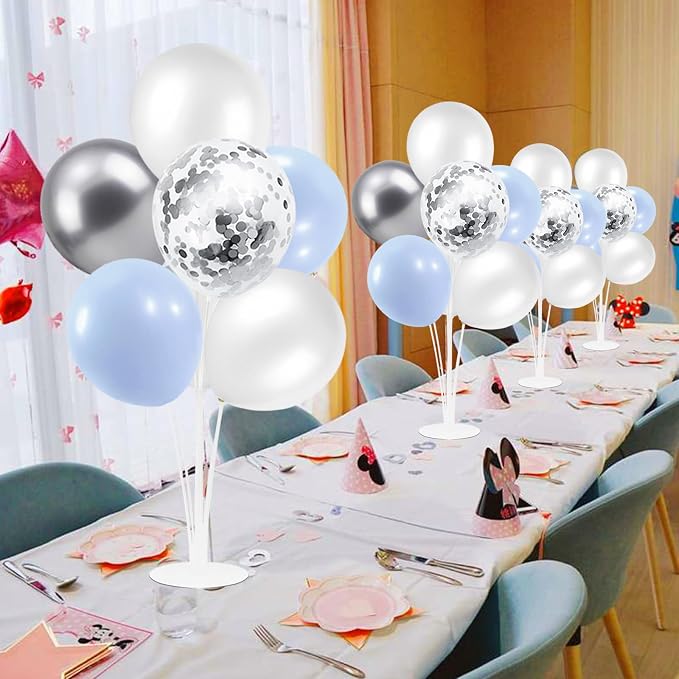 ZJDHPTY 4Set Light Blue Silver Balloon Stand Table Centerpieces Party Decor | Boy Baby Shower Decorations,Birthday Graduation Bridal Shower Baptism Corporate Retirement New Years Eve Party Supplies