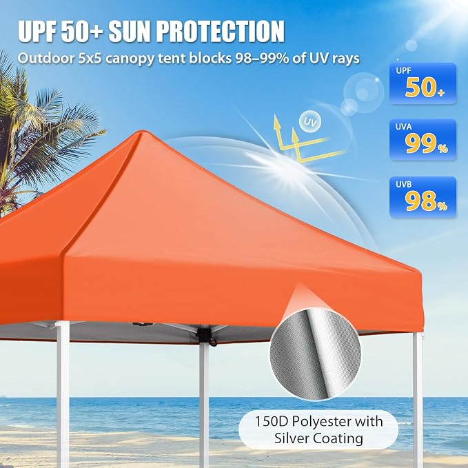 EAGLE PEAK 5x5 Pop Up Canopy Tent Instant Outdoor Canopy Easy Set-up Straight Leg Folding Shelter, Orange