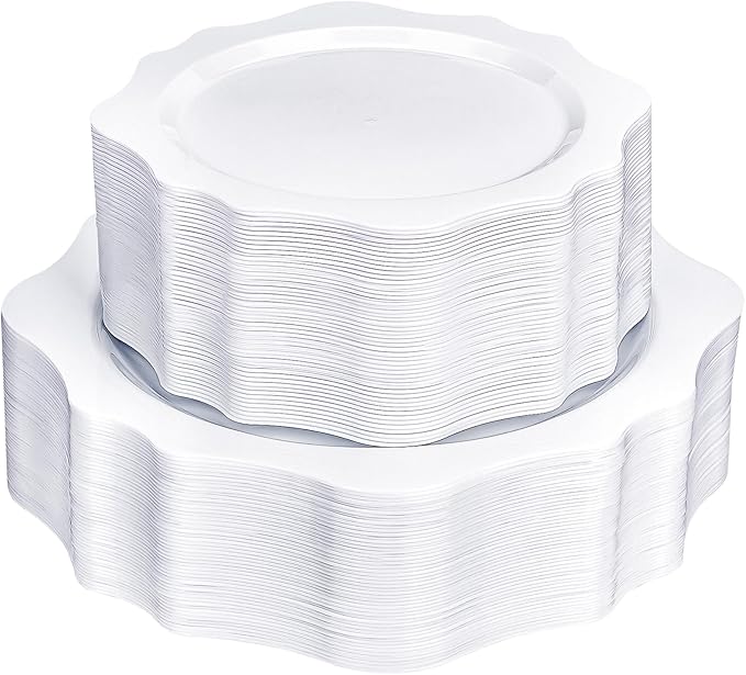 realluck 100 PCS White Disposable Plates for 50 Guests, Scalloped Plastic Plates Include 50 Dinner Plates and 50 Dessert Plates for Party, Wedding