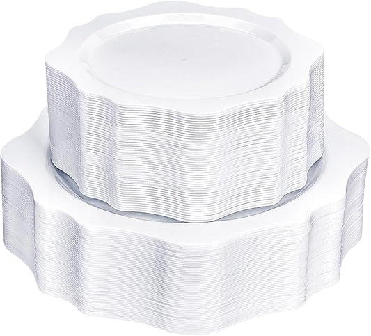 realluck 100 PCS White Disposable Plates for 50 Guests, Scalloped Plastic Plates Include 50 Dinner Plates and 50 Dessert Plates for Party, Wedding