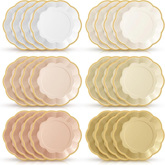 72 Pcs Champagne Gold Beige Paper Plates 9 Inch Rose Gold Gradient Scalloped Paper Disposable Dinner Dessert Plates for Birthday Wedding Bridal Party Supplies, 6 Colors