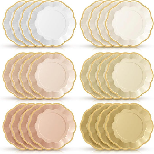 72 Pcs Champagne Gold Beige Paper Plates 9 Inch Rose Gold Gradient Scalloped Paper Disposable Dinner Dessert Plates for Birthday Wedding Bridal Party Supplies, 6 Colors
