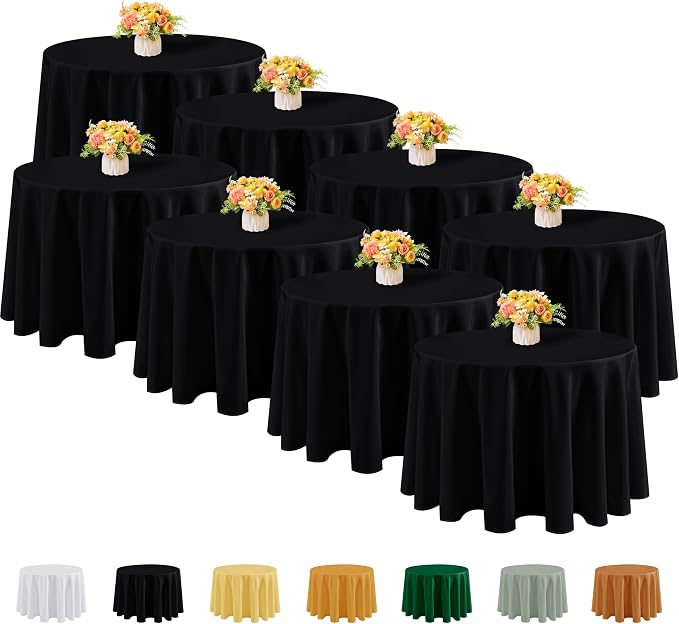 Fitable 8 Pack Black Table Cloths 120 Inch Round - Stain Resistant and Washable Tableclothes, Polyester Fabric Table Covers for Wedding, Party, Banquet, Formal Events