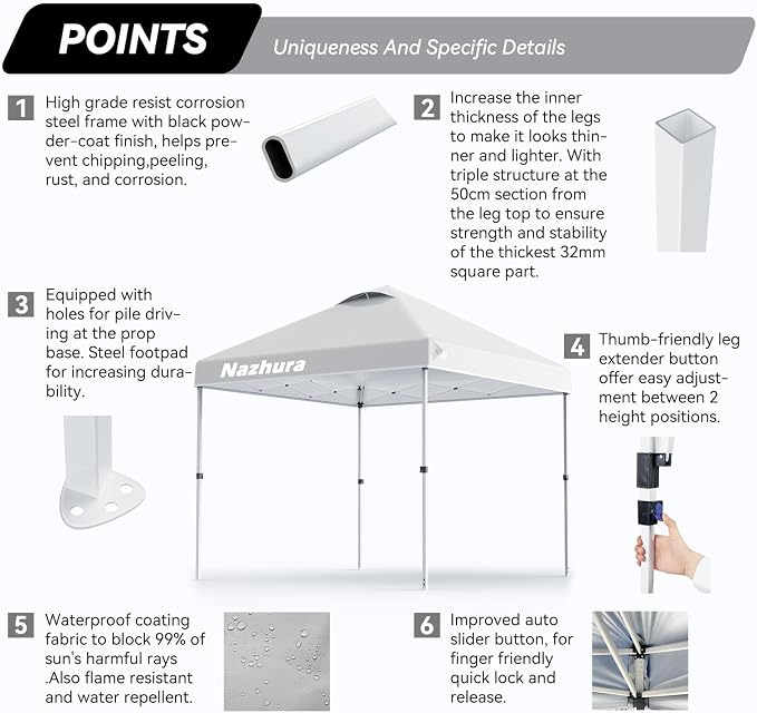 Nazhura 10' x 10' Pop Up Canopy Tent with Sand Weight Bag, Freestanding Sun Shelter for Picnic and Camping, One Person Setup and Height Adjustable (White)