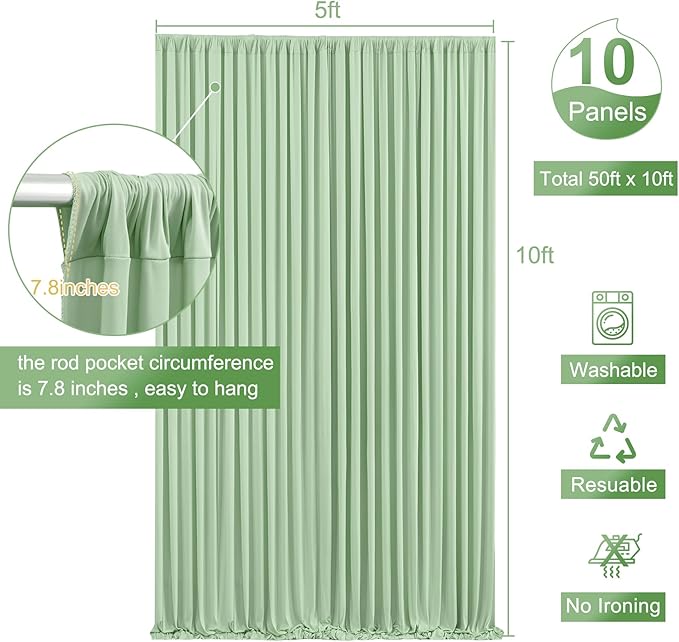 50ft x 10ft Wrinkle Free Sage Green Wedding Backdrop Curtains for Party Bridal Shower Reception Decorations Sage Green Fabric Curtain Backdrops Drapes for Photography Baby Shower Birthday Background