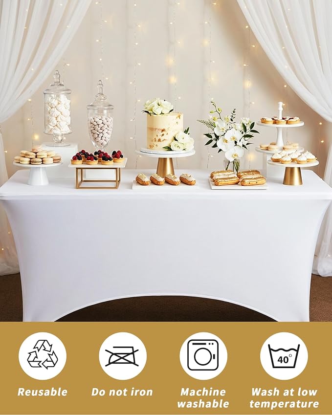 Fixwal 6 Pack White Tablecloth Rectangle 6Ft, Stretch Spandex Fitted Table Cover for Party, Trade Show, Wedding, Buffet, Graduation, Vendor Stand
