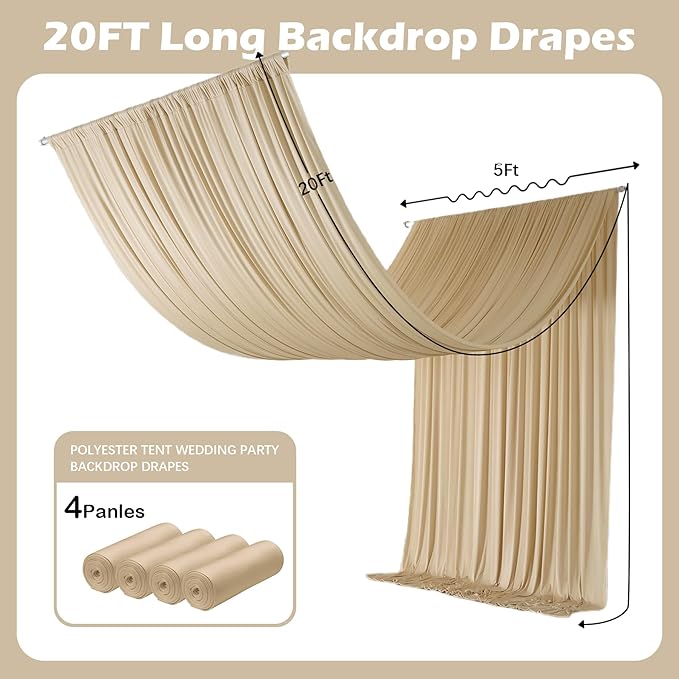 Outpain 20ftx20ft Beige Backdrop Ceiling Drapes,4Panels 20ft Height Wrinkle Free Tent Draping Curtains, Fabric Drapery Ceiling Drapes for Wedding Ceremony Birthday Theme Parties with Rod Pocket