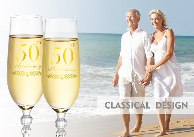 50th Anniversary Decorations Gifts for Couple, Classical Style 50th Wedding Anniversary Champagne Flutes Glasses, Crystal Champagne Glasses Set of 2, Gifts for Parents