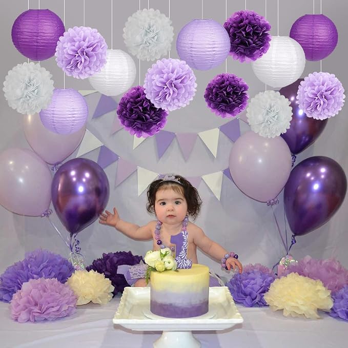 zilue Purple Party Decorations, Paper Lanterns and Pom Poms Flowers for Birthday Party Baby Shower Bachelorette Decor Purple Pack of 15 Pieces