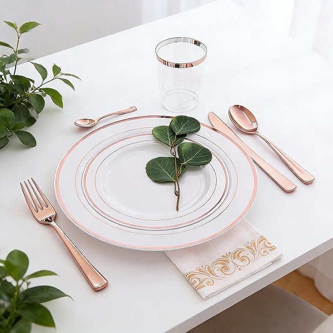 WDF 120 Pieces Rose Gold Plastic Silverware- Disposable Flatware Set-Heavyweight Plastic Cutlery- Includes 40 Forks, 40 Spoons, 40 Knives for Baby Shower Wedding Spring Party