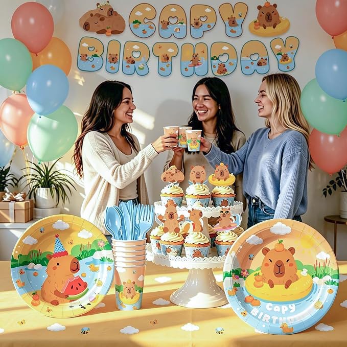 180pcs Summer Capybara Party Supplies Plates Tableware Set Include Plates, Napkins, Cups, Cutlery, Balloon, Banner, Cake Topper, Hanging Swirl, Tablecloth, Capybara Birthday Decorations Serve 20