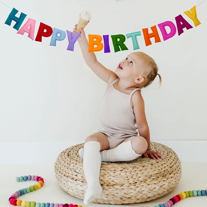 Pre-Strung Happy Birthday Banner - Felt Ball Garland, Rainbow Party Decorations, HAPPY BIRTHDAY Garland, Personalized Birthday Sign for Birthday Decor, Party Decor, Photo Prop (Colorful Happy Birthday Banner)