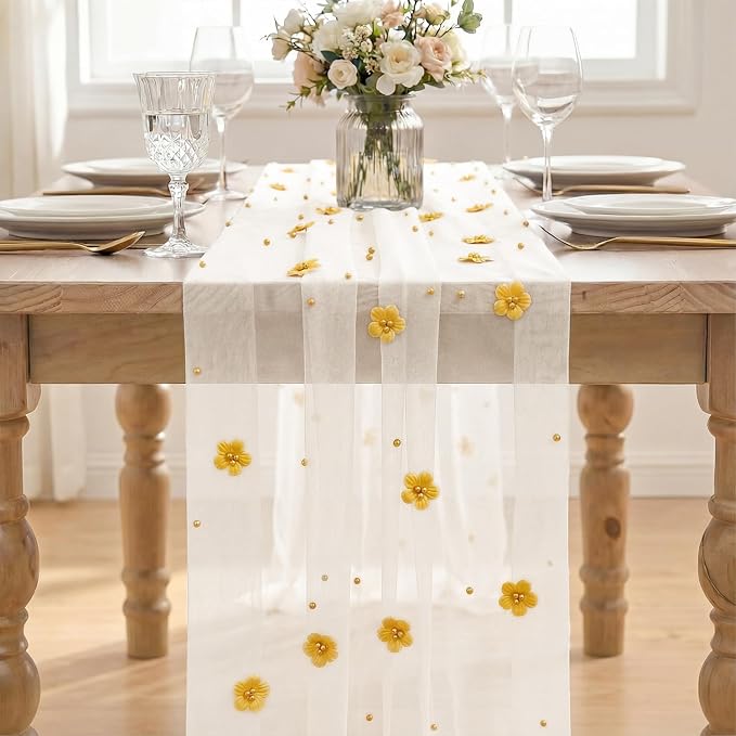Artoid Mode Yellow Flower Pearl White Gauze Table Runner 10FT 6PC, Seasonal Sheer Dining Holiday Wedding Birthday Baby Shower Table Decor for Home Party