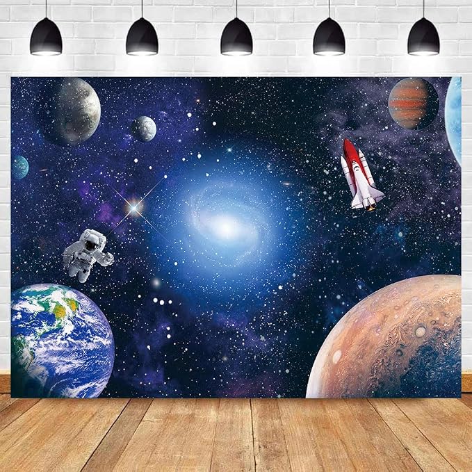 5X3ft Outer Space Cosmic Planet Backdrop Photography Galaxy Astronaut Rocket Decoration Children's Birthday Party Newborn Baby Show Children Shower Background Photo