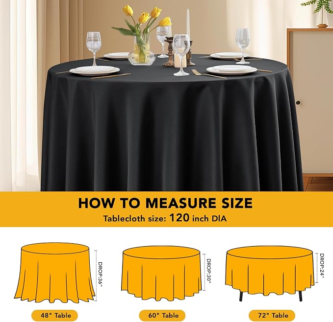 6-Pack Black Round Tablecloths, 120 Inches, Stain-Resistant Polyester for 5-6 Ft Round Tables - Washable Table Covers for Weddings, Banquets, Birthday Parties, Events