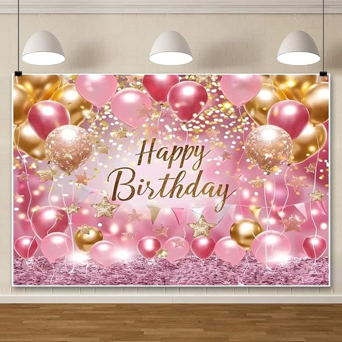 Leowefowa Pink and Balloons Gold Glitter Happy Birthday Theme Photo Backdrops 15x8ft Vinyl Girl Sweet Princess Birthday Party Decor Cake Table Supplies Photography Background Photo Booth Props