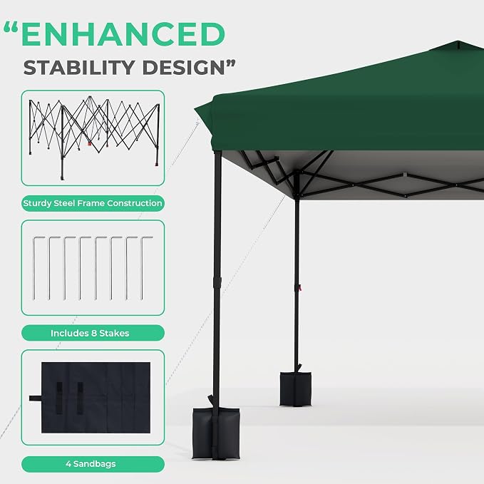 JEAREY 10x10 ft Pop Up Canopy Tent, Heavy Duty Outdoor Canopy with 1-Push Instant Setup, Commercial Tent with Roller Bag, 4 Sandbags and 8 Stakes, Water-Resistant – Dark-Green