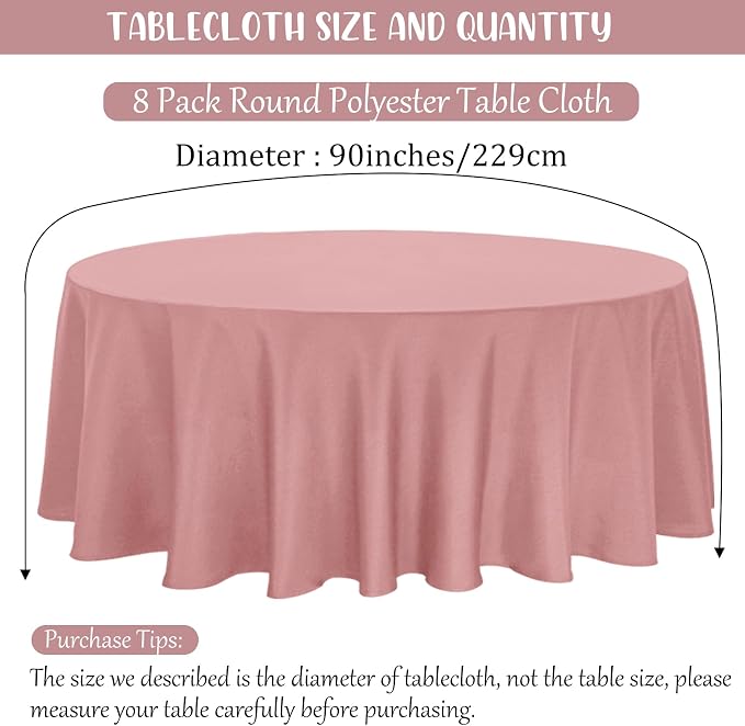 Fivenl 8 Pack Premium Round Tablecloth 90 Inch Round Table Covers Bulk Washable Polyester Fabric Round Table Clothes for Wedding Party Reception Banquet Buffet Restaurant (Dusty Rose, 90 Inch)