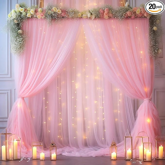 20x8ft Baby Pink Tulle Backdrop Curtain with Lights String for Parites, Sheer Photo Backdrop Curtains with Lights for Wedding Backdrop Ceremony Reception Bridal Shower Baby Shower Birthday Party