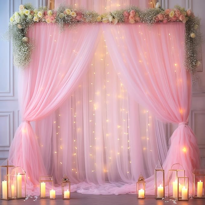 10x8ft Baby Pink Tulle Backdrop Curtain with Lights String for Parites, Sheer Photo Backdrop Curtains with Lights for Wedding Backdrop Ceremony Reception Bridal Shower Baby Shower Birthday Party