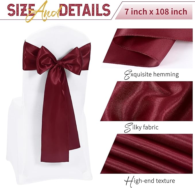 60 PCS Burgundy Satin Chair Sashes, Ties Bows Designed Chairs Decorative, Chair Cover Sashes for Thanksgiving Wedding Christmas Banquet Party Home Kitchen Decoration (7 x 108 inch)