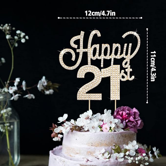 LINGTEER Happy 21st Birthday Gold Rhinestone Cake Topper - Cheers to 21st Birthday 21 Years Old Party Cake Centerpieces Topper Decorations Gift Sign.