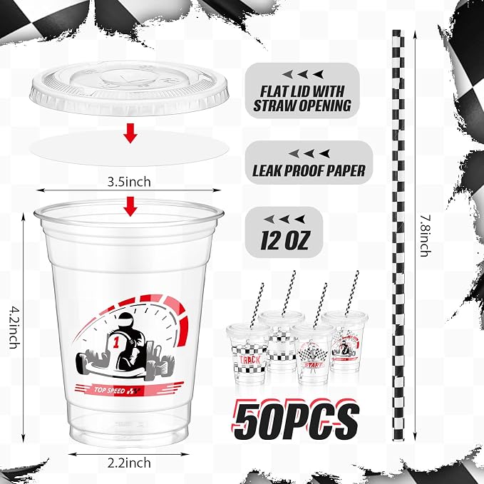 FoldTier 50 Pcs Checkered Racing Party Plastic Cup 12 oz Checkered Flag Thick Transparent Cup Black and White Cups Race Car Birthday Party Supplies for Racecar Sports Themed