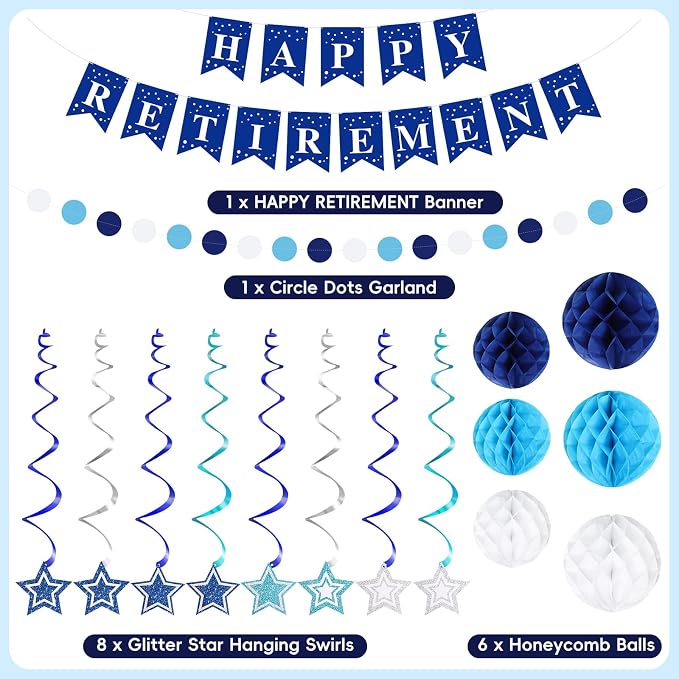 Happy Retirement Party Decorations for Men Women Blue Silver Happy Retirement Banner Honeycomb Balls Pentagram Hanging Swirl Streamers Circle Dots Garland