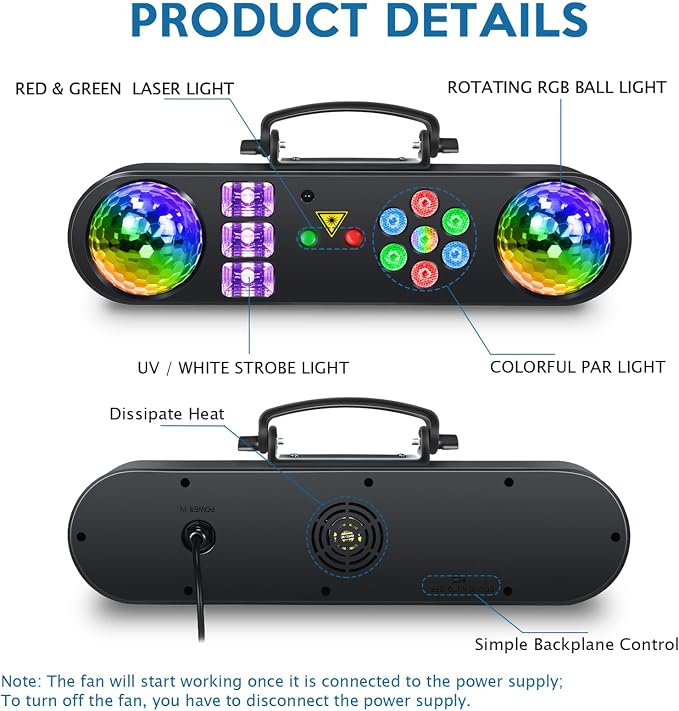 Telbum DJ Lights with Stand, 5 in 1 Party Bar Light Set with Rotating Ball, Strobe, UV, Colorful LED Par Light and Pattern, Sound Activated DJ Lighting System for Disco Stage Gig Band Wedding