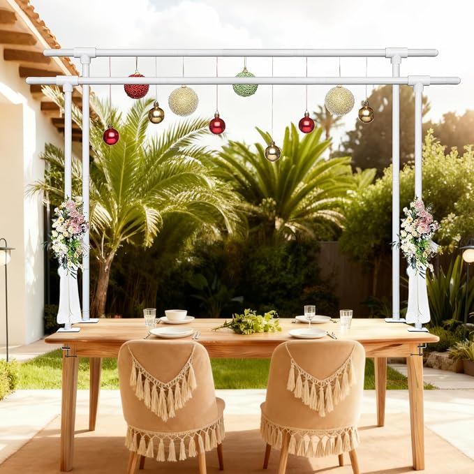 Beyeutao White Over the Table Rod Stand with Clamps Adjustable 16"-87" Length 30"-45" Height Table Arch Stand Metal Balloon Arch Stand for Photography Birthday Party Decoration