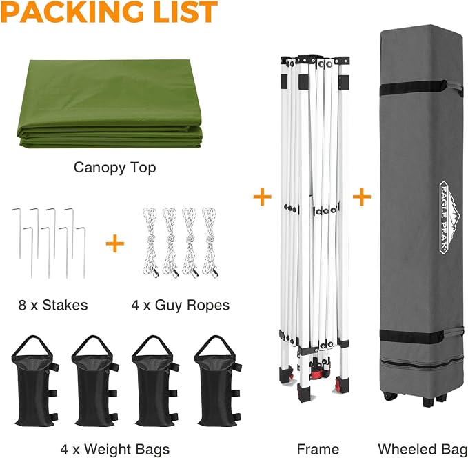 EAGLE PEAK Pop Up Canopy Tent with Wheeled Carry Bag, 8 Stakes, 4 Ropes, 4 Weight Bags, Easy Set Up Tent Canopy, 10x10 ft, 100sqft of Shade, Grass Green
