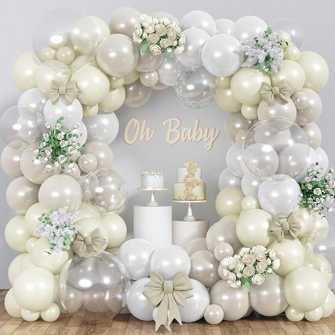 Pearl White Balloon Arch, Double Stuffed Pearl White Sand Balloon Garland, Neutral Ivory Clear Transparent Balloons Different Sizes for Boho Wedding Baby Bridal Shower Engagement Birthday Party Decor