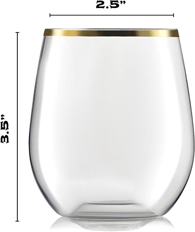 32 Pack Stemless Plastic Wine Glasses Disposable 12 Oz Gold Rim - Shatterproof Recyclable and BPA-Free, Stylish Drinkware for all Beverages, Cocktail Parties, Wedding Reception