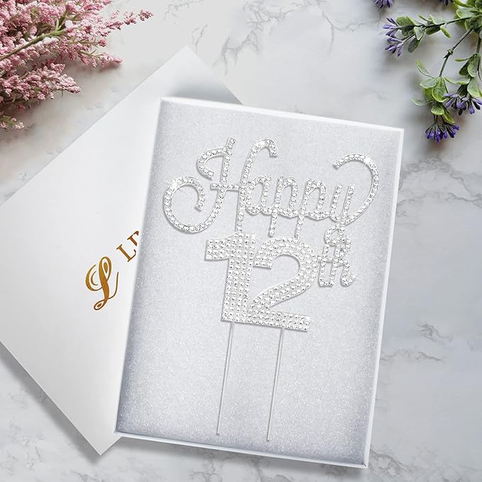 LINGTEER Happy 12th Birthday Silver Rhinestone Cake Topper - Cheers to 12th Birthday Twelve Years Old Party Cake Centerpieces Topper Decorations Gift Sign.
