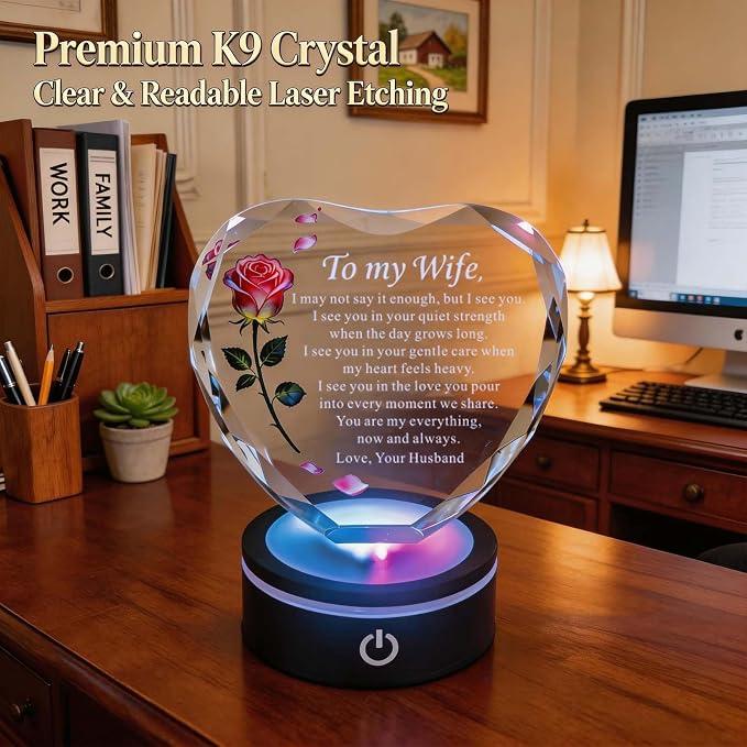 Anniversary and Birthday Gifts for Women Wife, Heart Shaped Crystal Keepsake with Rose and Love Letter Engraving, Color Changing LED Base,Romantic Christmas Valentine's Day Gifts for Wife from Husband (Pink Rose - Multicolor LED)
