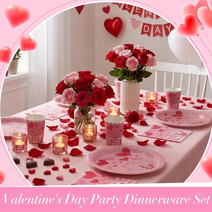 Jenaai 200 Pcs Valentine's Day Tableware Set Serve for 50 Guests Valentine's Day Party Supplies 9" Dinner Plates 7" Dessert Plates Paper Cups and Napkins Set for Dinnerware Tableware Disposable